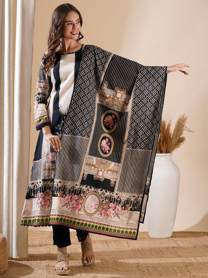 Multi Printed Mirror Embroidered A-line Kurta with Pants & Dupatta - Black