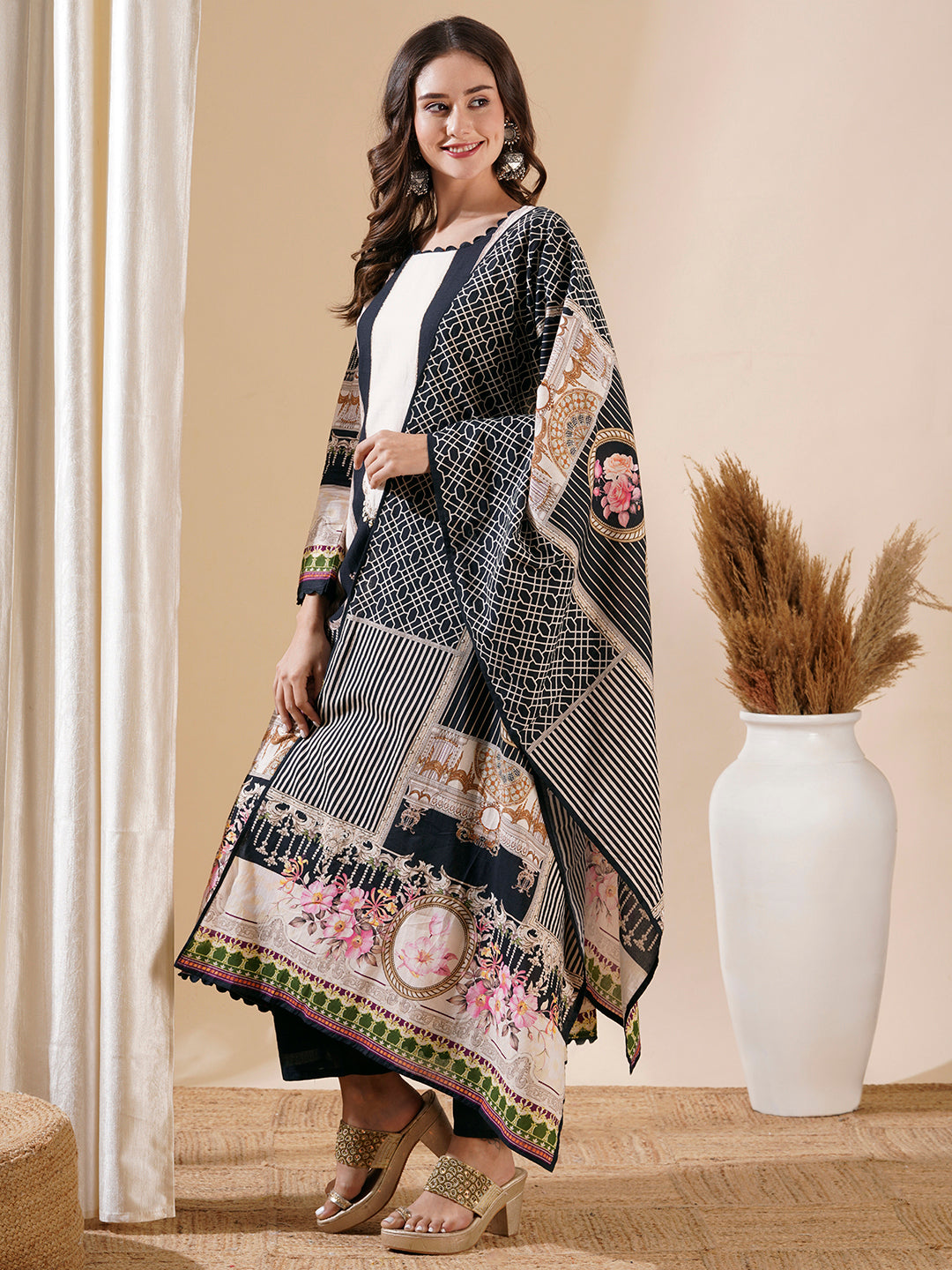 Multi Printed Mirror Embroidered A-line Kurta with Pants & Dupatta - Black