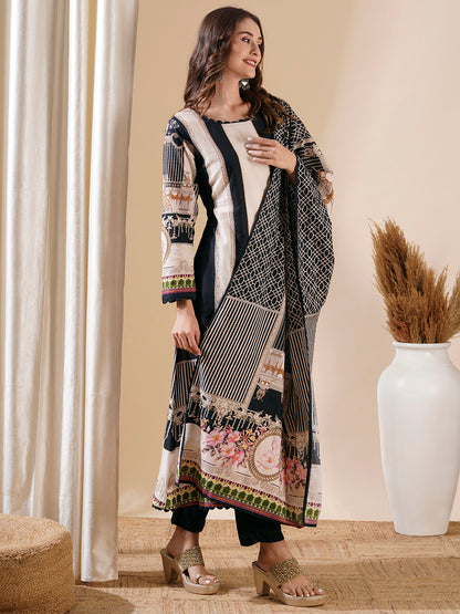 Multi Printed Mirror Embroidered A-line Kurta with Pants & Dupatta - Black