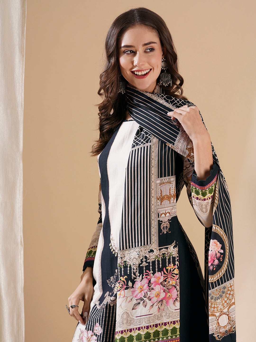 Multi Printed Mirror Embroidered A-line Kurta with Pants & Dupatta - Black