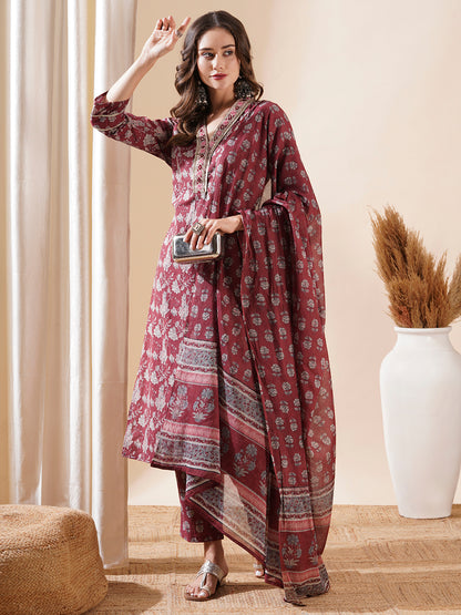 Floral Block Printed Mirror & Zari Embroidered Kurta with Pants & Dupatta - Maroon