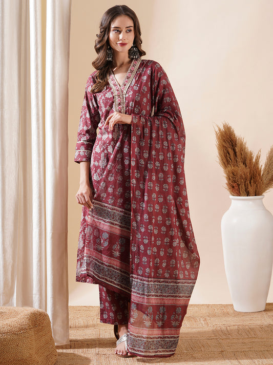 Floral Block Printed Mirror & Zari Embroidered Kurta with Pants & Dupatta - Maroon