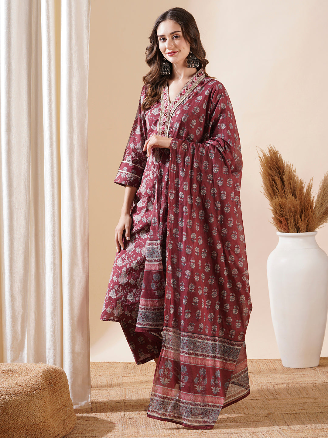 Floral Block Printed Mirror & Zari Embroidered Kurta with Pants & Dupatta - Maroon