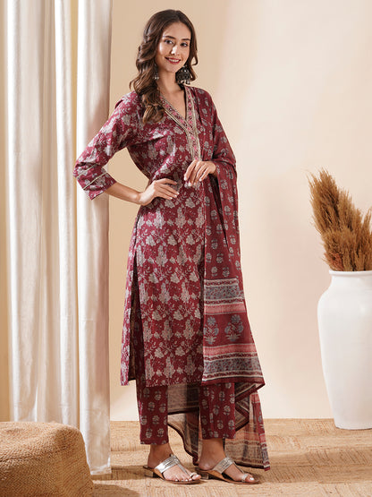 Floral Block Printed Mirror & Zari Embroidered Kurta with Pants & Dupatta - Maroon