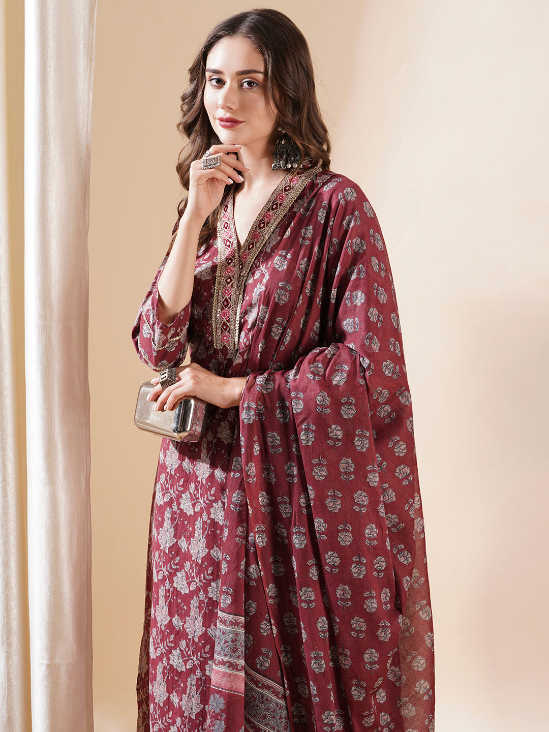 Floral Block Printed Mirror & Zari Embroidered Kurta with Pants & Dupatta - Maroon