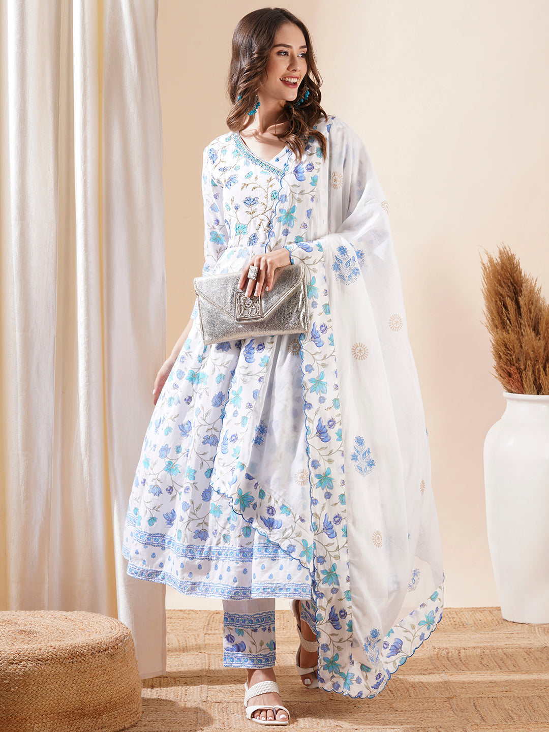 Floral Printed Cutdana & Zari Embroidered Anarkali with Pants & Dupatta - White & Blue