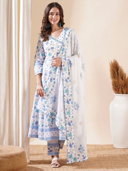 Floral Printed Cutdana & Zari Embroidered Anarkali with Pants & Dupatta - White & Blue