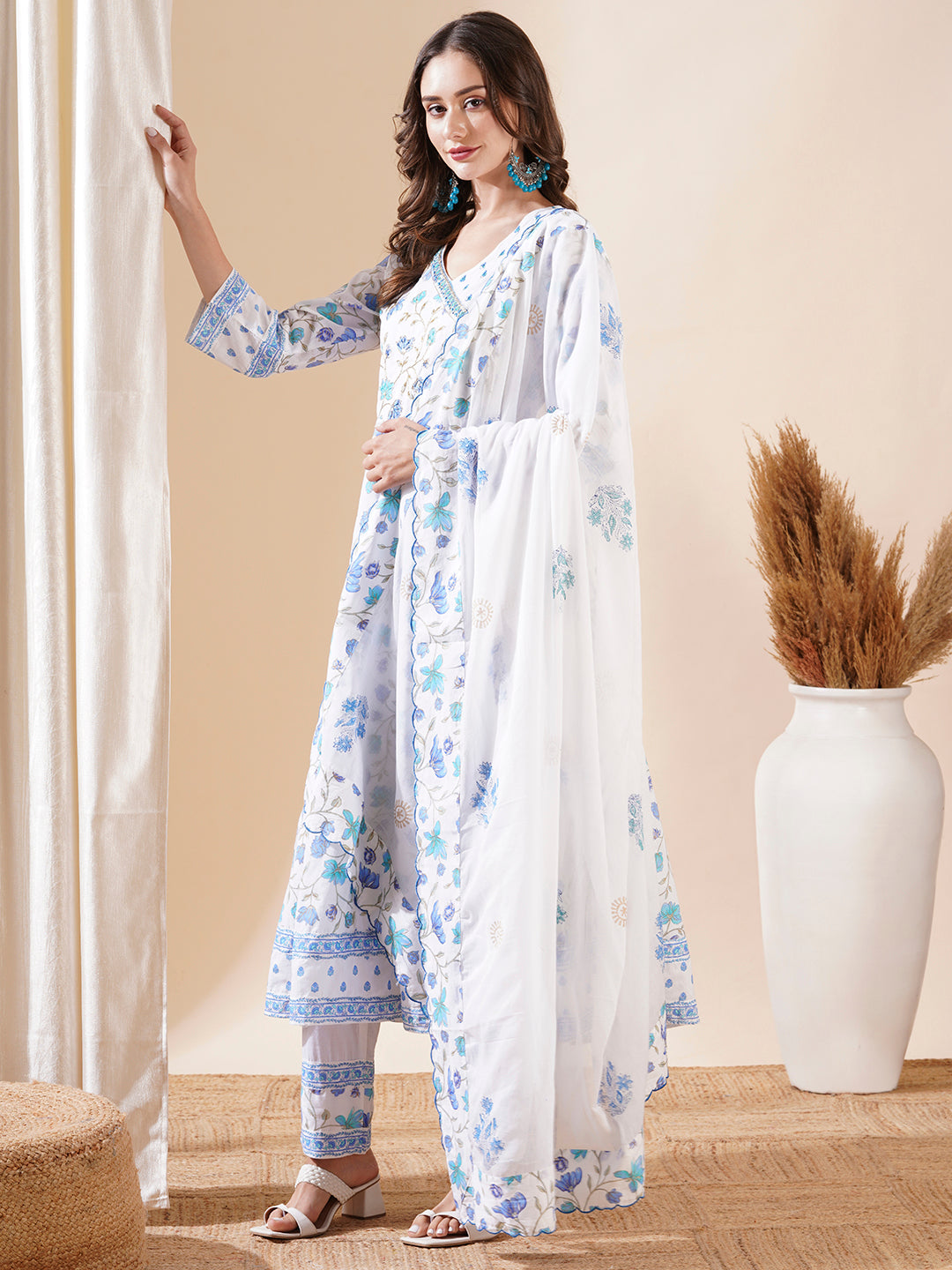 Floral Printed Cutdana & Zari Embroidered Anarkali with Pants & Dupatta - White & Blue