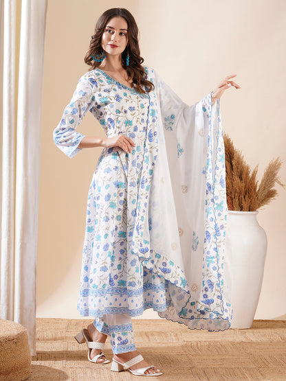 Floral Printed Cutdana & Zari Embroidered Anarkali with Pants & Dupatta - White & Blue