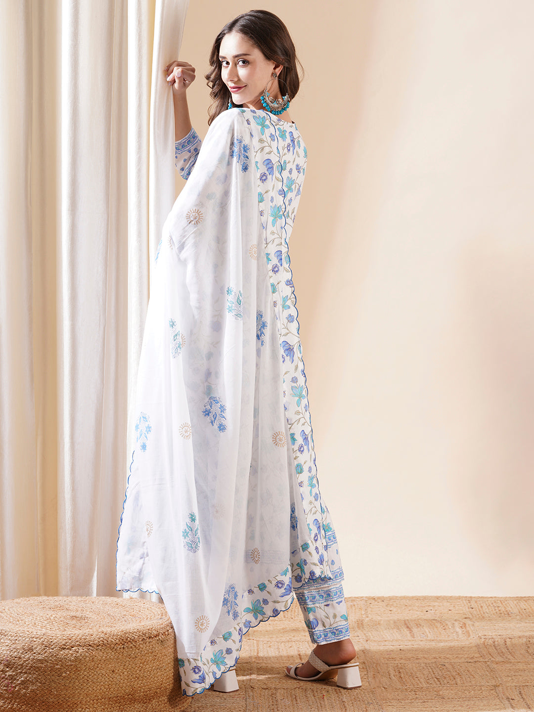 Floral Printed Cutdana & Zari Embroidered Anarkali with Pants & Dupatta - White & Blue