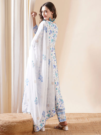 Floral Printed Cutdana & Zari Embroidered Anarkali with Pants & Dupatta - White & Blue