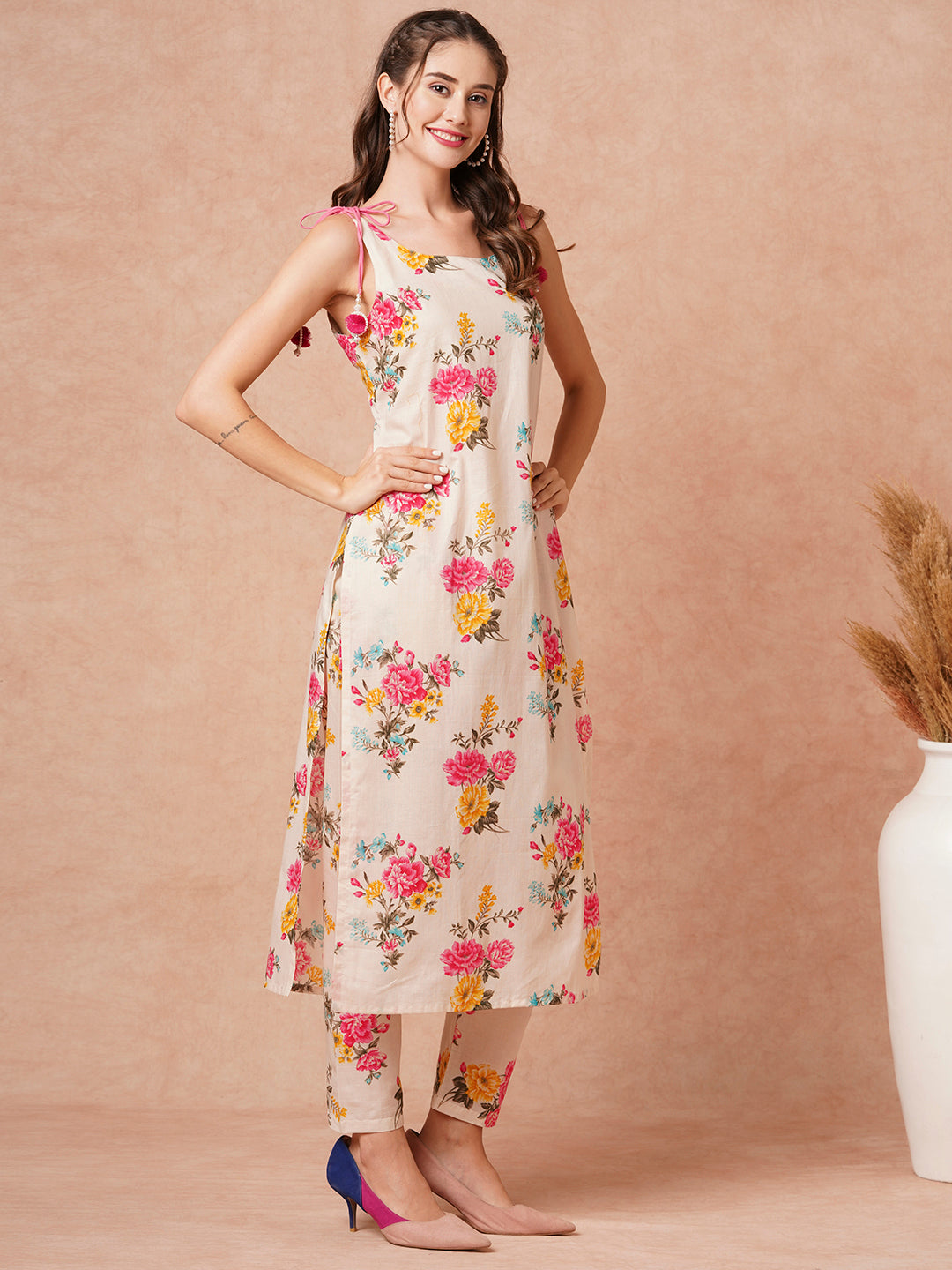 Floral Printed Tasseled Kurta with Pants - Off White & Multi