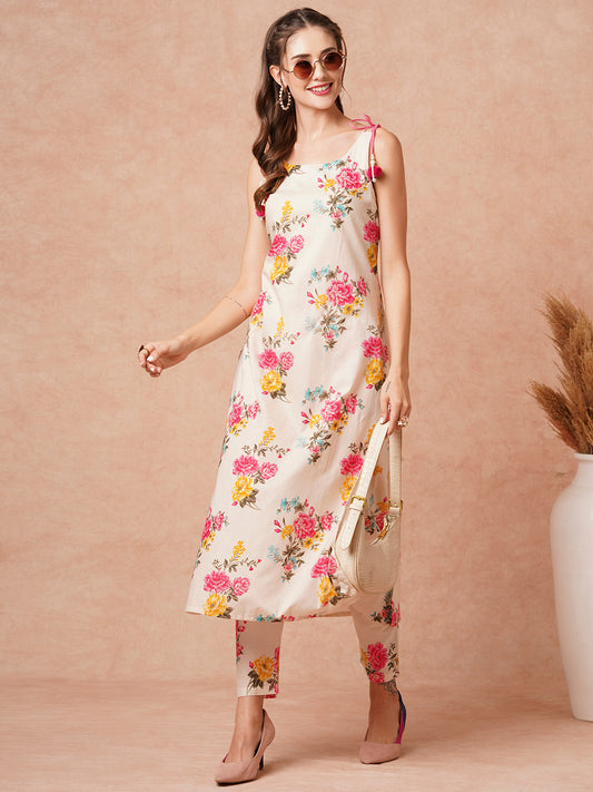 Floral Printed Tasseled Kurta with Pants - Off White & Multi