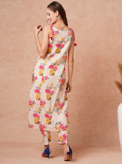 Floral Printed Tasseled Kurta with Pants - Off White & Multi