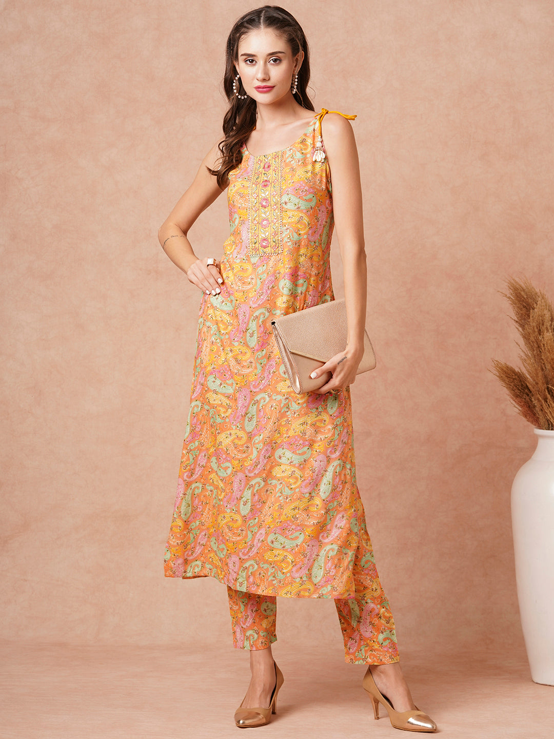 Ethnic Paisley Foil Printed & Embroidered Straight Fit Co-ord Set- Peach