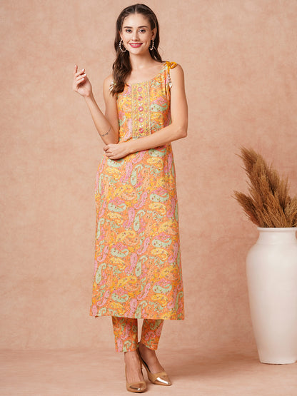 Ethnic Paisley Foil Printed & Embroidered Straight Fit Co-ord Set- Peach