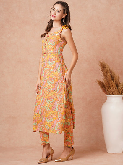 Ethnic Paisley Foil Printed & Embroidered Straight Fit Co-ord Set- Peach