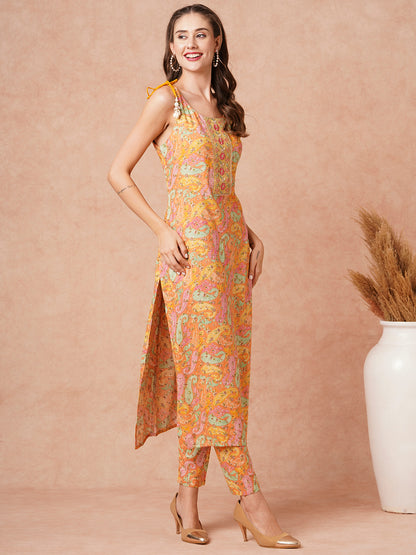 Ethnic Paisley Foil Printed & Embroidered Straight Fit Co-ord Set- Peach