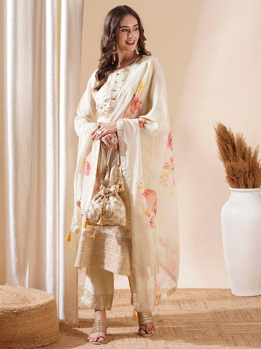 Floral Jacquard Beads & Tikki Embellished & Kurta with Pants & Dupatta - Cream