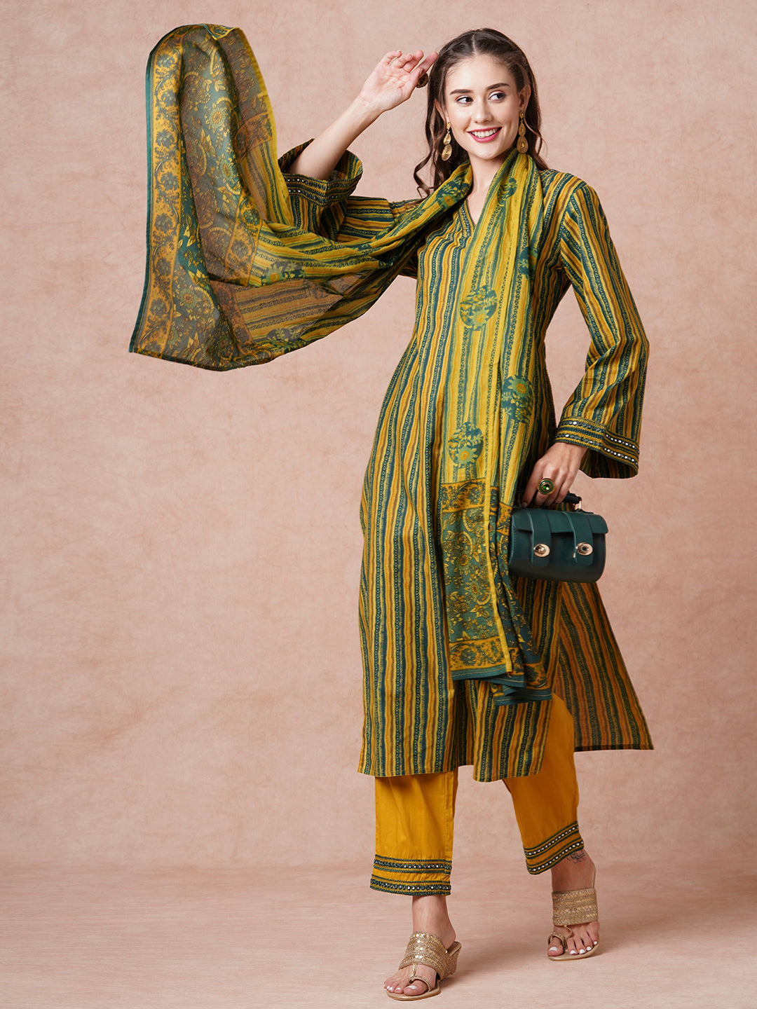 Floral Printed & Embroidered Straight Kurta with Pant & Pure Cotton Dupatta - Green