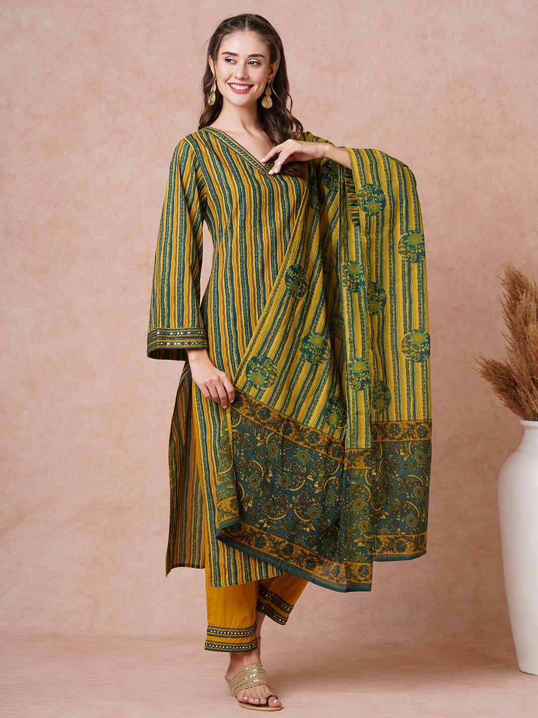 Floral Printed & Embroidered Straight Kurta with Pant & Pure Cotton Dupatta - Green