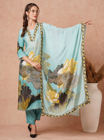 Floral Printed Sequins Embroidered Kurta with Pants & Dupatta - Blue