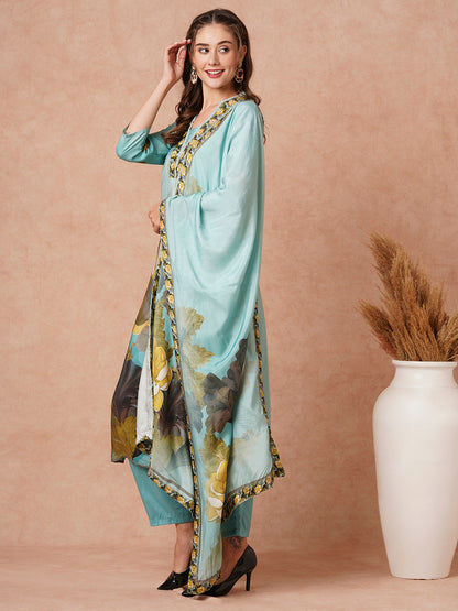 Floral Printed Sequins Embroidered Kurta with Pants & Dupatta - Blue