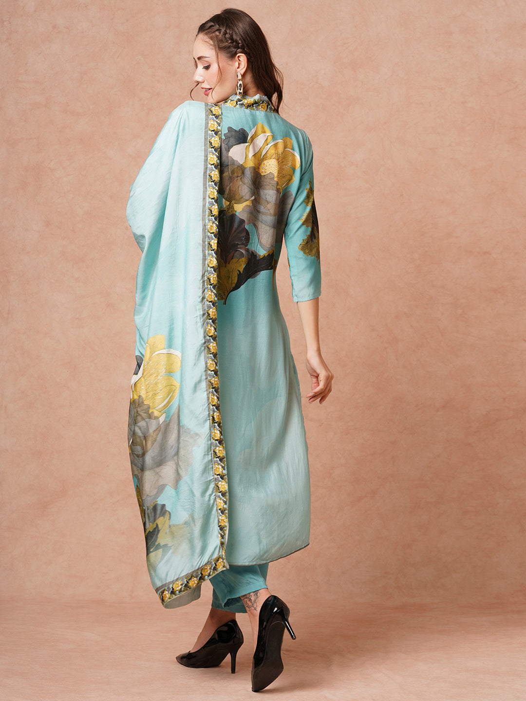 Floral Printed Sequins Embroidered Kurta with Pants & Dupatta - Blue