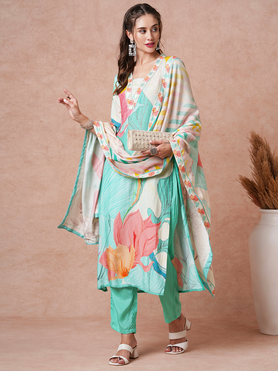 Floral Printed Sequins & Dabka Embroidered Kurta with Pantts & Dupatta - sea Green