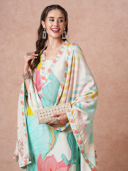 Floral Printed Sequins & Dabka Embroidered Kurta with Pantts & Dupatta - sea Green