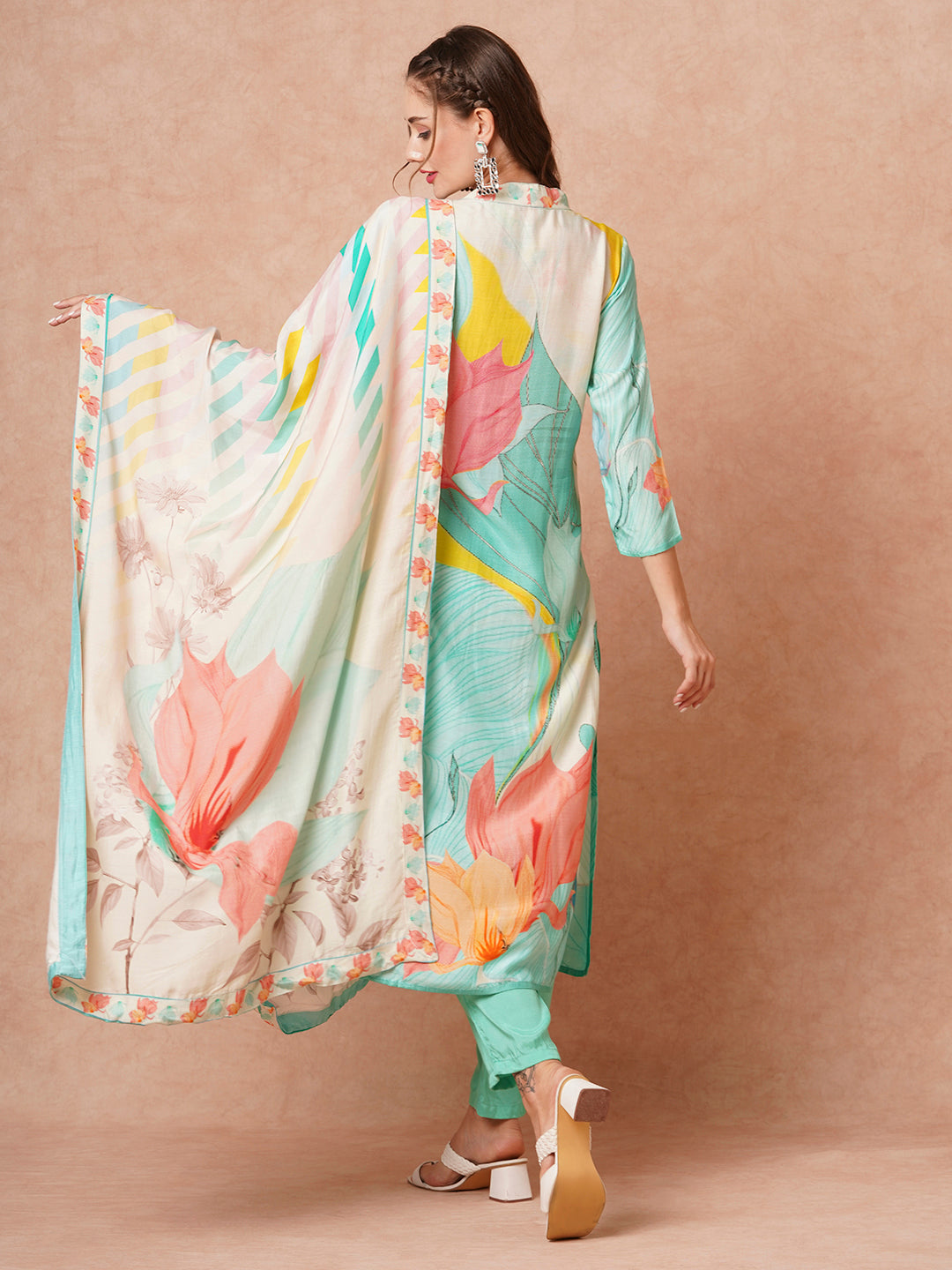 Floral Printed Sequins & Dabka Embroidered Kurta with Pantts & Dupatta - sea Green