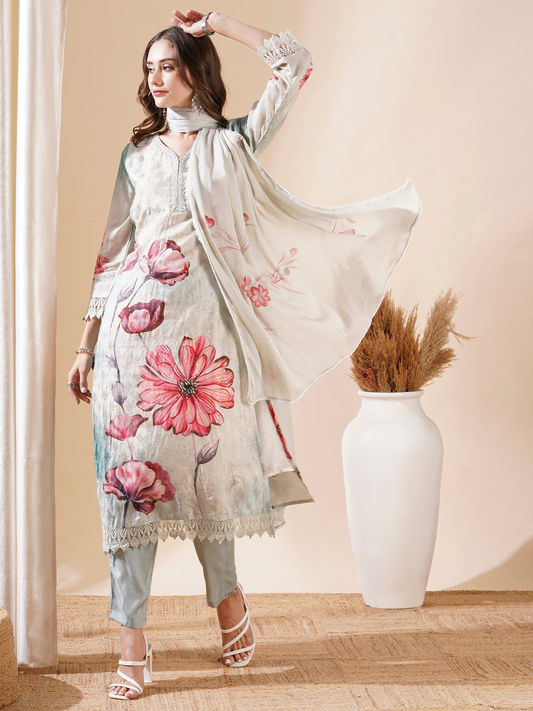 Floral Printed Resham Embroidered Kurta with Pants & Hand Painted Dupatta - Powder Green