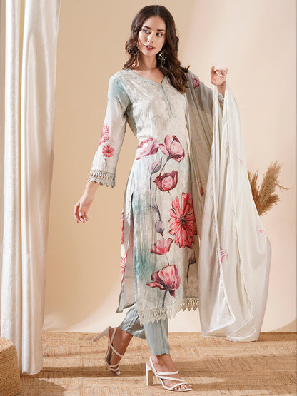 Floral Printed Resham Embroidered Kurta with Pants & Hand Painted Dupatta - Powder Green