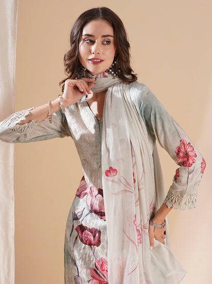 Floral Printed Resham Embroidered Kurta with Pants & Hand Painted Dupatta - Powder Green