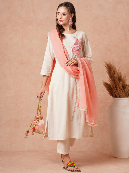 Solid Resham & Zari Floral Embroidered Kurta with Pants & Dupatta - Off White