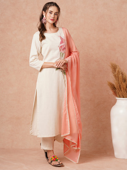 Solid Resham & Zari Floral Embroidered Kurta with Pants & Dupatta - Off White