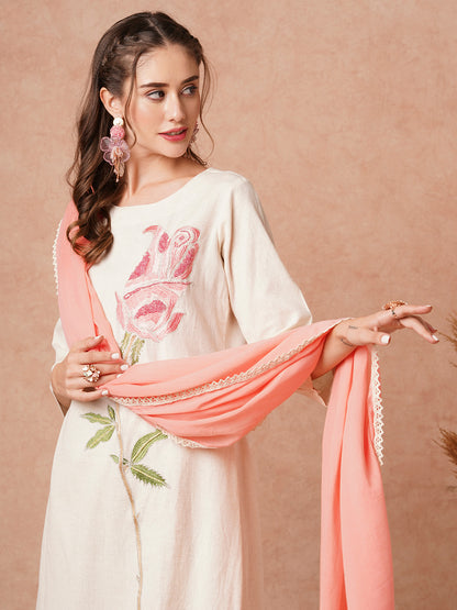 Solid Resham & Zari Floral Embroidered Kurta with Pants & Dupatta - Off White