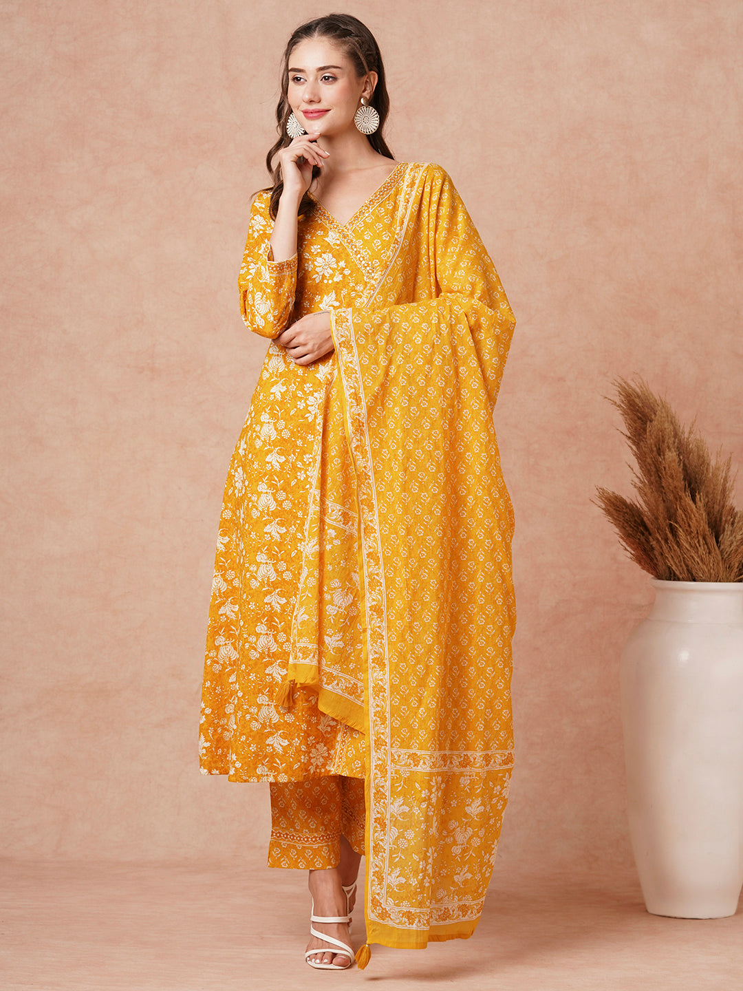 Ethnic Floral Printed & Embroidered Straight Fit Kurta with Pant & Dupatta - Yellow