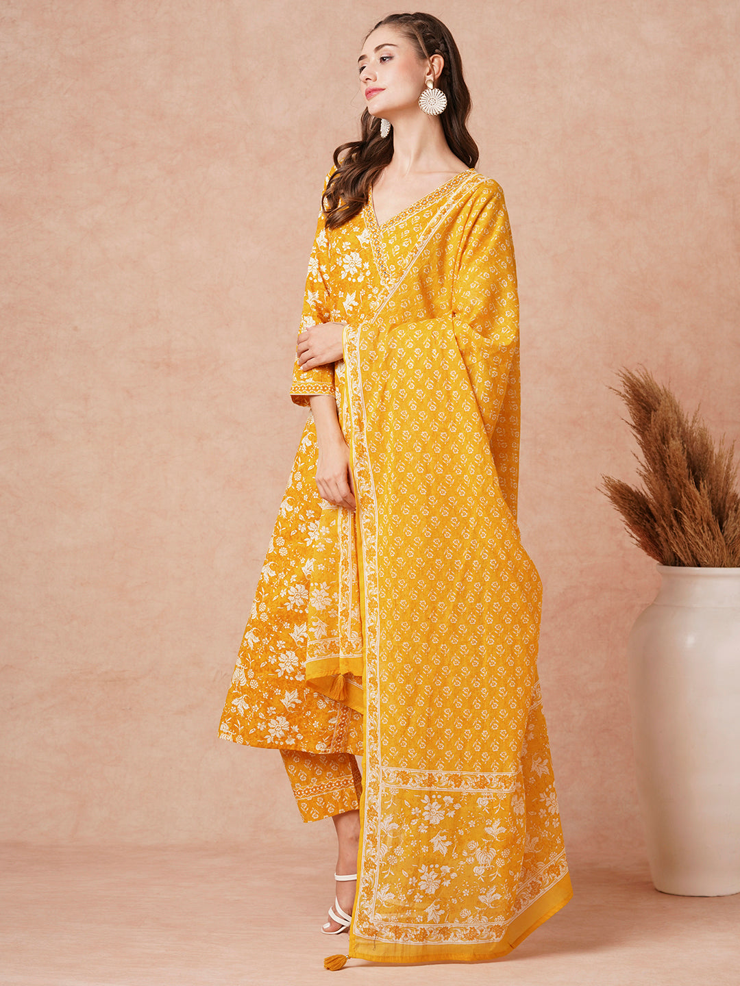 Ethnic Floral Printed & Embroidered Straight Fit Kurta with Pant & Dupatta - Yellow