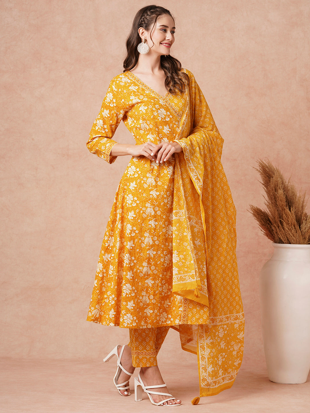 Ethnic Floral Printed & Embroidered Straight Fit Kurta with Pant & Dupatta - Yellow