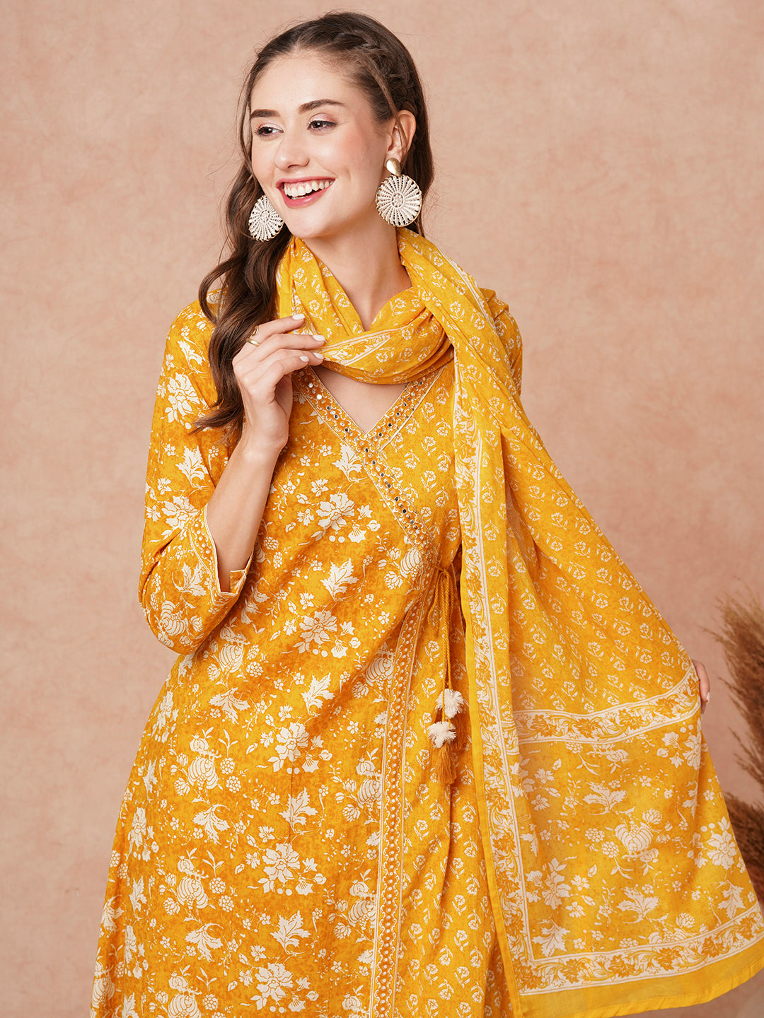 Ethnic Floral Printed & Embroidered Straight Fit Kurta with Pant & Dupatta - Yellow