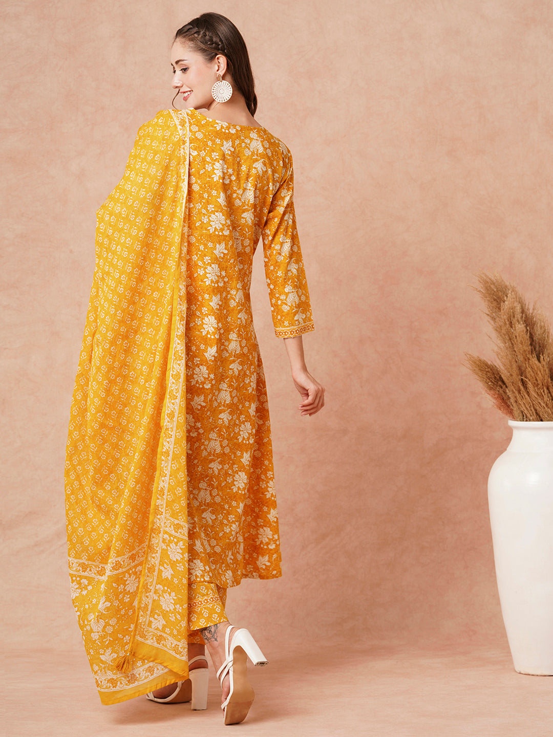 Ethnic Floral Printed & Embroidered Straight Fit Kurta with Pant & Dupatta - Yellow