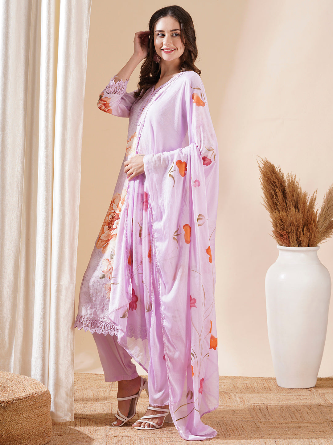 Floral Printed Resham & Sequins Embroidered Kurta with Pants & Hand Painted Dupatta - Purple