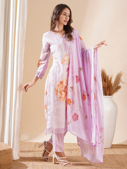 Floral Printed Resham & Sequins Embroidered Kurta with Pants & Hand Painted Dupatta - Purple