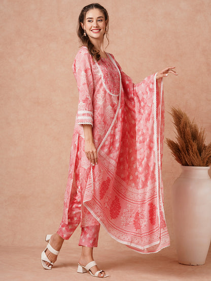 Ethnic Printed & Embroidered Kurta with Pant & Pure Cotton Dupatta -Pink