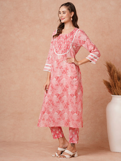 Ethnic Printed & Embroidered Kurta with Pant & Pure Cotton Dupatta -Pink