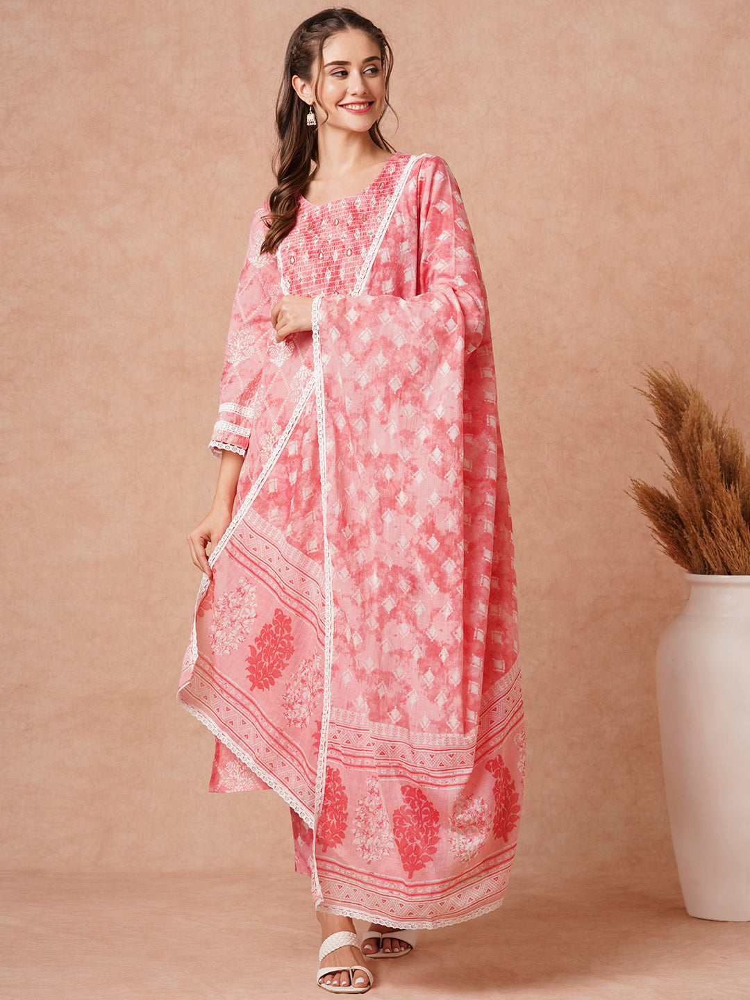 Ethnic Printed & Embroidered Kurta with Pant & Pure Cotton Dupatta -Pink