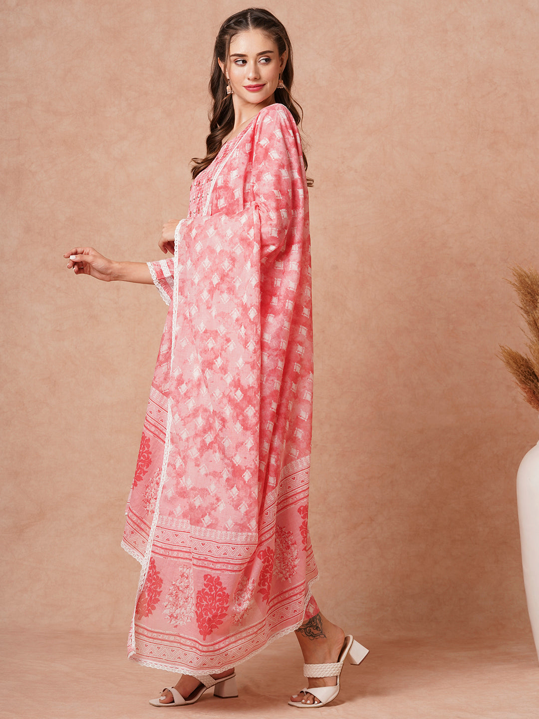 Ethnic Printed & Embroidered Kurta with Pant & Pure Cotton Dupatta -Pink