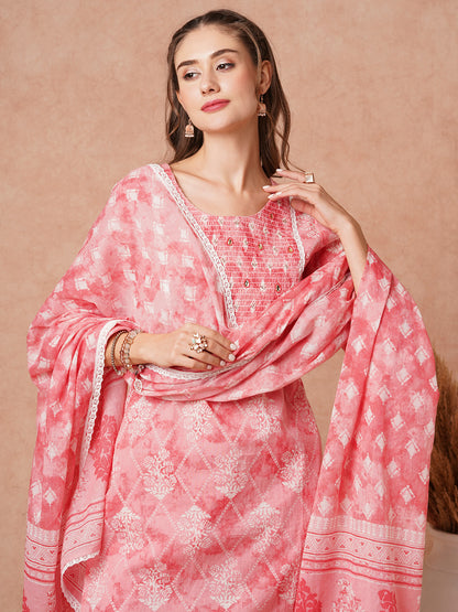 Ethnic Printed & Embroidered Kurta with Pant & Pure Cotton Dupatta -Pink