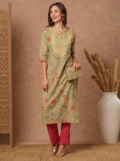 Floral Printed Resham & Sequins Embroidered Kurta - Green